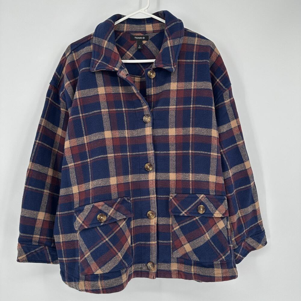 Torrid Jacket Womens 2X Shacket Coat Blue Plaid Flannel Button Front Cabincore